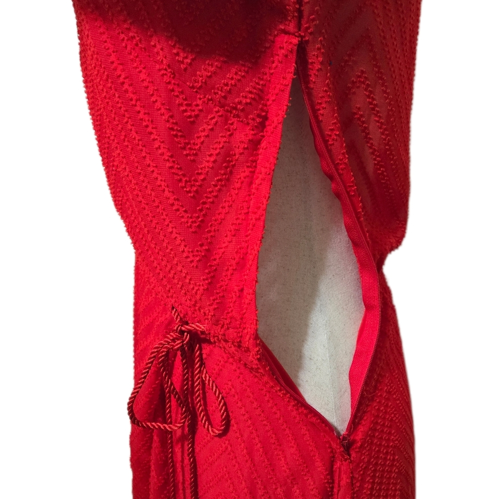 H&M Red Maxi Dress Sheer Textured Chevron Katy Perry Holiday Collection Size 4 - Picture 7 of 15